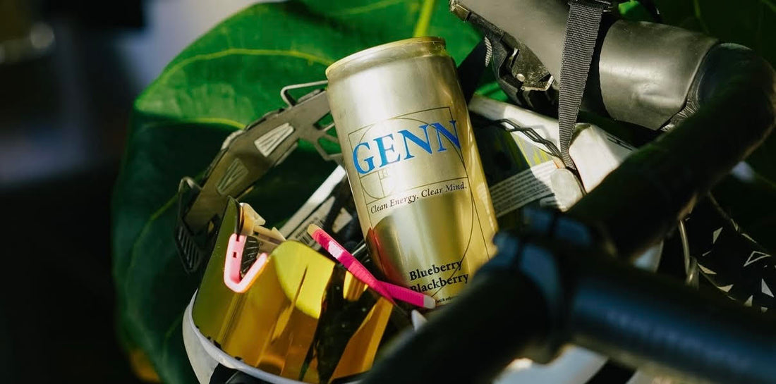 GENN Energy can placed in a bike helmet with glasses and leaves in the background, representing functional hydration, cognitive focus, and brain-first energy.