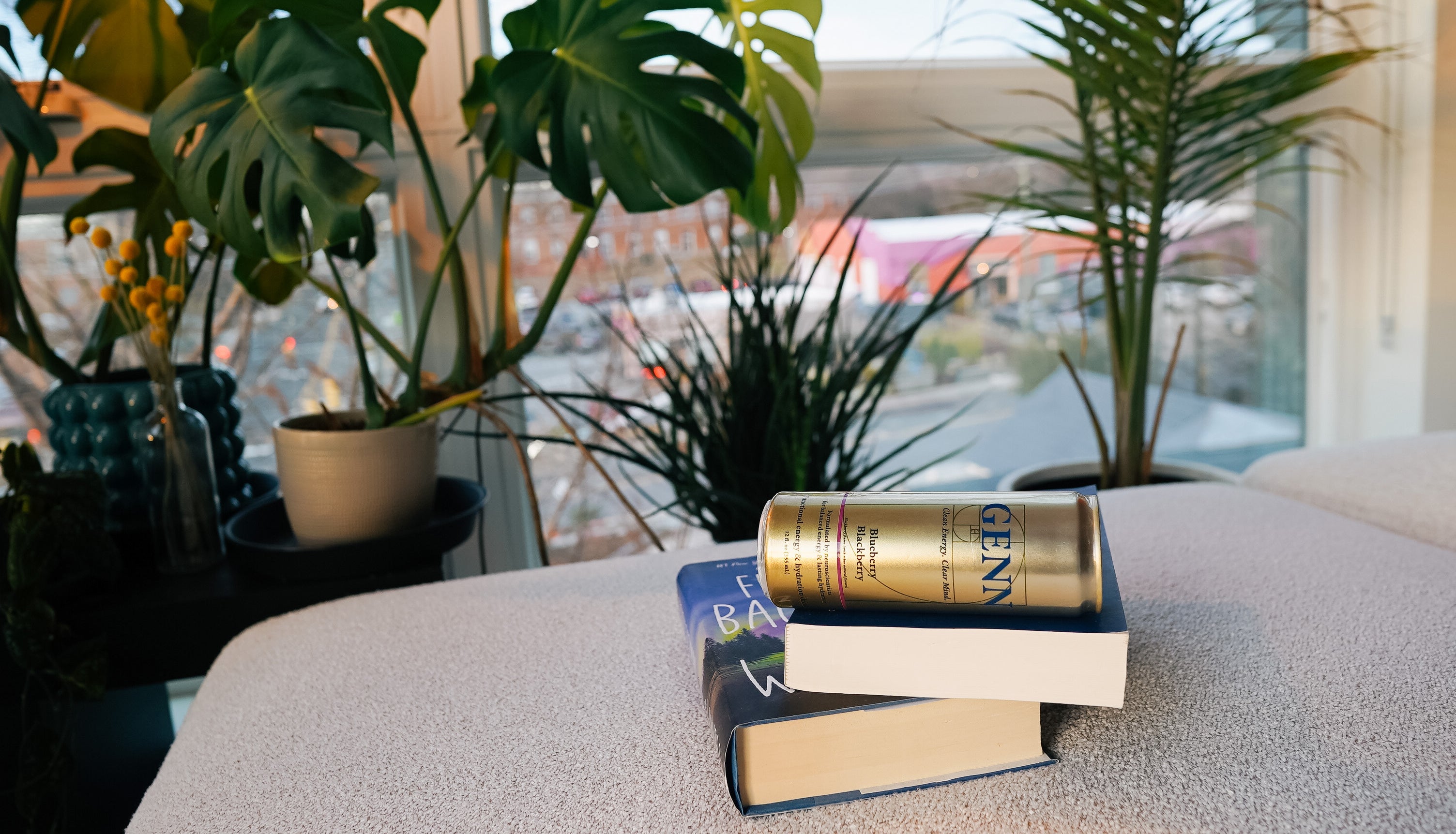 GENN Energy can resting on books with plants in the background